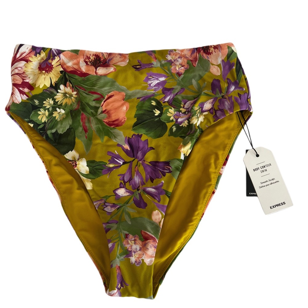 Express Olive Floral High-Waist Bikini Bottom